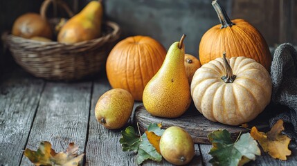 Fresh Autumn Harvest Display Featuring Squash and Pears on a Rustic Wooden Table Decor