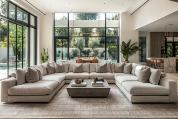 Modern living room with sectional sofa and large windows overlooking backyard
