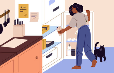 Young woman takes pack of milk from fridge shelf to prepare food. Hungry girl looking at open refrigerator, chooses ingredients for cooking. Person cooks meals in kitchen. Flat vector illustration