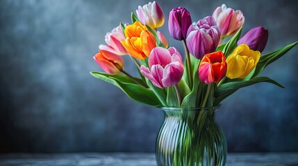 A vase of tulips in a variety of colors