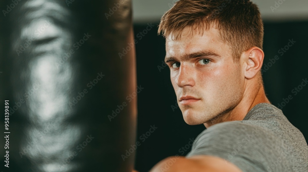 Aufkleber intense workout session with a man practicing boxing drills and techniques using a punching bag in h