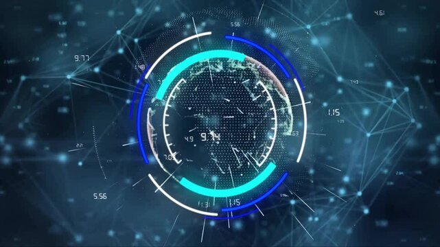 Digital globe with data points and circular progress bars, futuristic technology animation