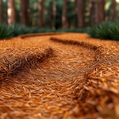 A picturesque forest path covered with pine needles, winding through a dense woodland, inviting peaceful nature walks and exploration.