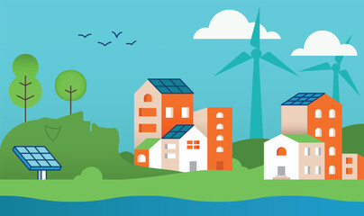 Vector concept Related to Buildings with Solar Panels and Wind Turbine, Harmony of Smart City and Nature. Flat illustration with linear elements