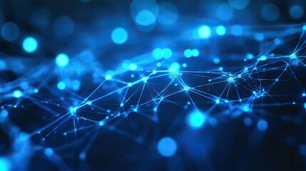 Obraz premium Abstract digital background with blue light and wireframe network, featuring glowing nodes and intersecting lines