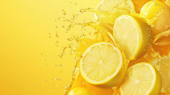 Fresh lemons burst with juice in vibrant splash against bright yellow background, creating refreshing and lively visual.