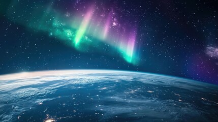 Obraz premium Aurora Borealis dancing over Earth, a stunning space view with waves of green and purple light caressing the planet