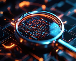 Close-up of a magnifying glass examining digital data on an illuminated circuit board, representing cybersecurity and technology analysis.