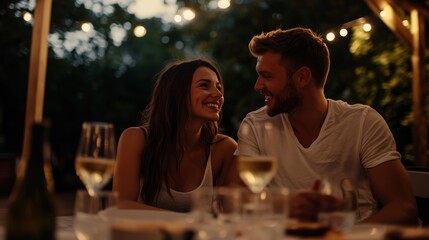 A joyful couple sharing a romantic dinner under string lights in a cozy outdoor setting during the evening hours
