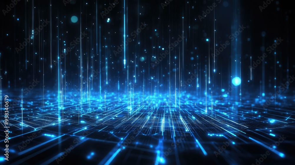 Poster blue light beams illuminating a wireframe network background, creating a futuristic and tech-inspire