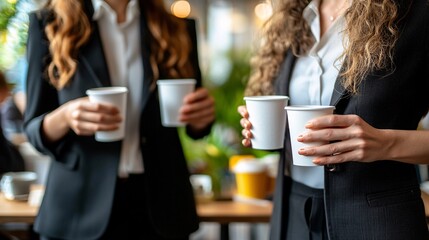 Empowered Professional Women Engaging in Business Networking with Coffee at Conference Eve