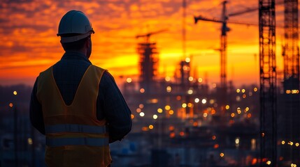 Silhouette of an engineer and worker discussing plans at a construction site during sunset, with cranes in the background