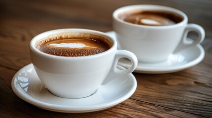 Fototapeta premium Two white ceramic cups filled with coffee featuring delicate latte art, placed on wooden table, conveys, warmth companionship, perfect for enjoying quiet moment with friend in cozy environment.
