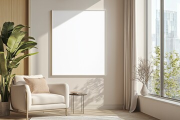 Poster Frame in Beige minimalist living room interior created with generative AI