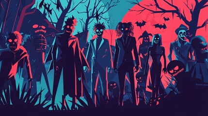 Spooky Halloween Scene Featuring People in Chilling Costumes and Dark Eerie Surroundings