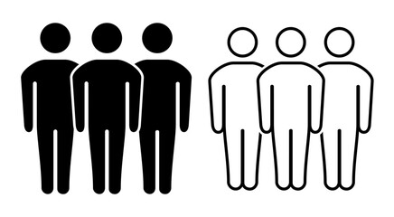 Three person symbol, group of people, community member icon, squad icon. Friends, people, flat icon. Set of linear icons of user, social icon, corporate team, employee or client. Vector illustration