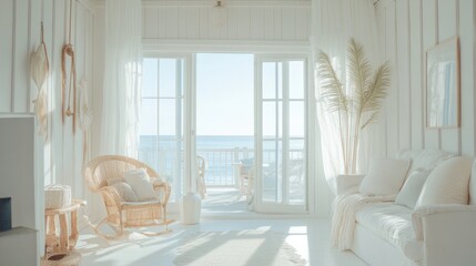 A bright and airy beach house interior with whitewashed walls, coastal-themed decor, and large windows letting in plenty of sunlight and ocean breezes. Plenty of space for copy.