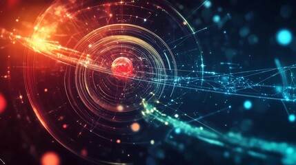 Abstract background with futuristic digital technology, dark blue and red colors glowing lines, circles of light on the left side with space in between for text or images