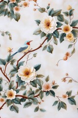 Obraz premium Silk wall art featuring Chinoiserie illustrations, richly decorated with ceramic accents.