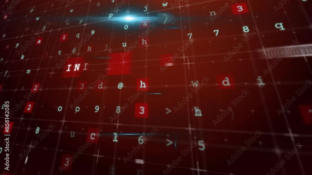 Poster internet text animation over red background with scattered letters and numbers