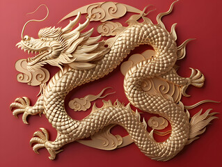 Fototapeta premium Golden Dragon on red background 