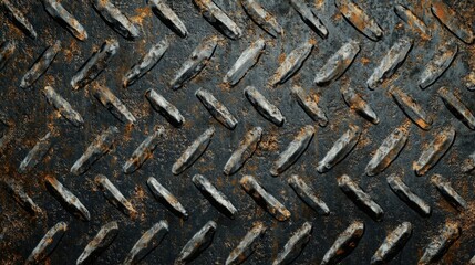 Grungy dark metal texture with a diamond grid pattern, scratched and worn, perfect for rugged design themes
