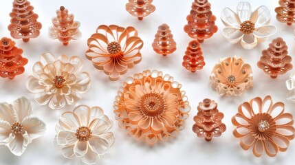 Collection beautifully crafted eggshell art pieces, each designed with intricate floral tree motifs, delicate carvings elegant shapes showcase meticulous craftsmanship,  