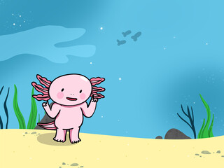 Cartoon illustration of an axolotl on a clean river bed.