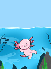 Cartoon illustration of an axolotl relaxing in unpolluted clean water.