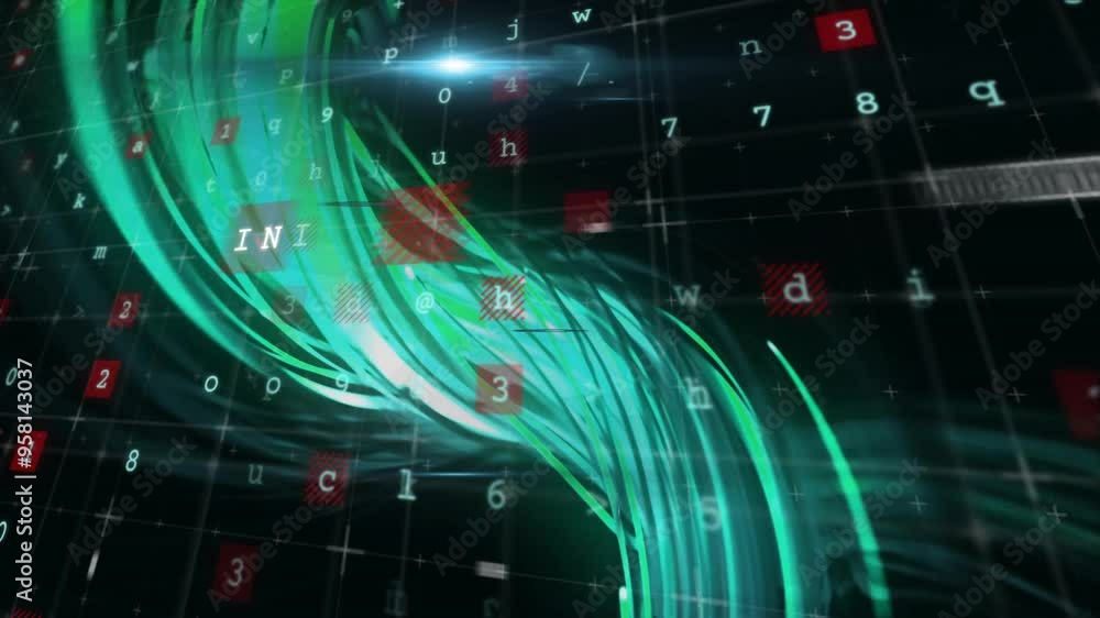 Poster internet text animation over swirling green lines and red data symbols
