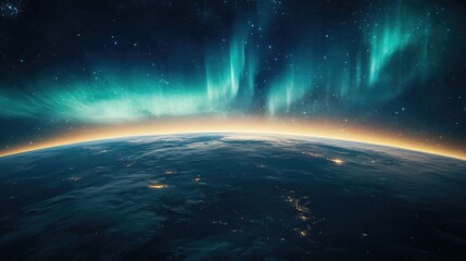 Northern Lights, Aurora Borealis, shimmering above Earth's horizon, a breathtaking display of nature's beauty seen from space