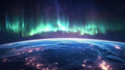Fototapeta premium Northern Lights, Aurora Borealis, shimmering above Earth's horizon, a breathtaking display of nature's beauty seen from space