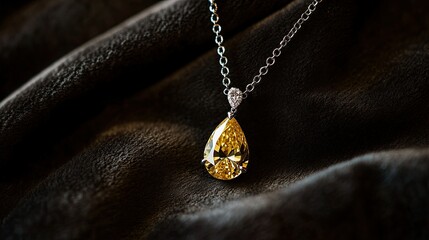 Fototapeta premium Pear-cut yellow diamond pendant hanging from a delicate chain, resting on a dark velvet cloth