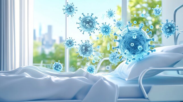 Hospital bed in a bright room with floating virus particles, representing health and medical challenges, healthcare concept, infectious disease.