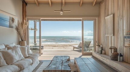 Fototapeta premium A rustic beach house with driftwood decor, large glass doors opening to the beach, and soft waves lapping at the shore, highlighting the natural charm of coastal living. Ample copy space for text.