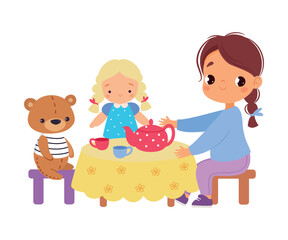 Girl Character Play Toy Teddy Bear and Doll Drink Tea Vector Illustration