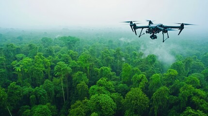 Tropical forest equipped with advanced environmental technology, including drones and sensors for ecosystem management