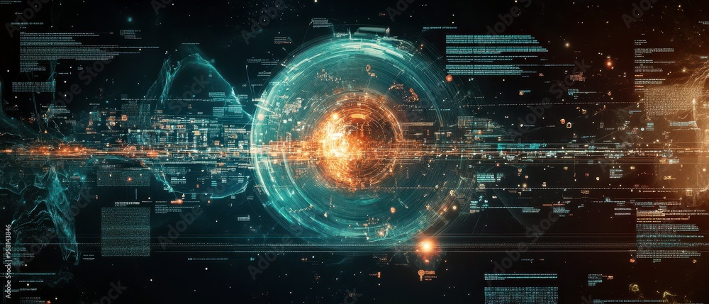 Poster a vibrant digital representation of a glowing sphere surrounded by data streams and futuristic eleme