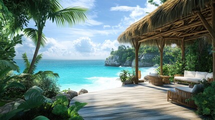 A tropical beach house with an open-air design, bamboo furniture, and a thatched roof, nestled among lush greenery and facing the turquoise waters. Plenty of space for copy.