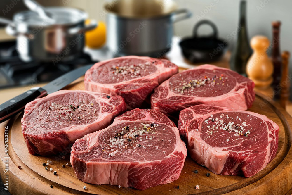 Wall mural Fresh raw beef steaks on a wooden cutting board