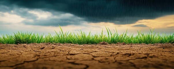 A fresh rain washing over a parched landscape, reviving the earth and symbolizing renewal and new growth