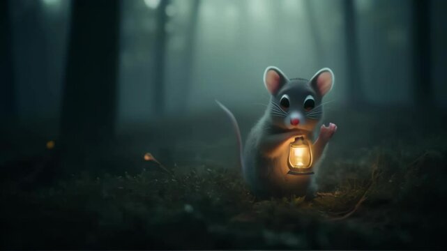 Cute mouse with a flashlight in a dark forest