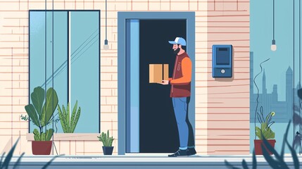 Contactless Delivery Service Illustration with Driver Leaving Package at Front Door Steps