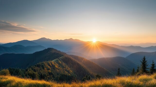 A sunrise breaking over a mountain range, with golden light illuminating the landscape, representing a fresh start and renewal