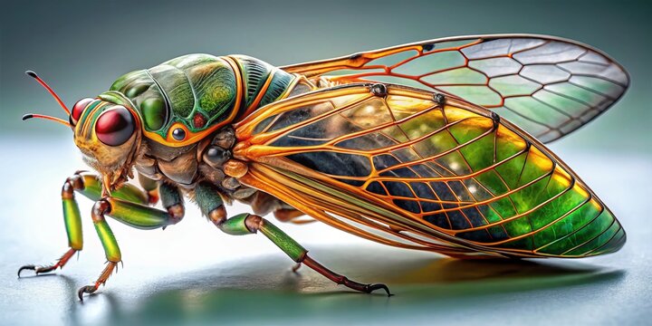 A realistic cicada photo features intricate wings with veins and fine scales, while its slender legs exude delicate precision.