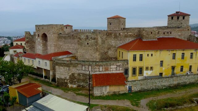 Stunning 4K drone footage capturing the majestic Heptapyrgion Fortress in Thessaloniki. Experience breathtaking views of this historic landmark from the sky