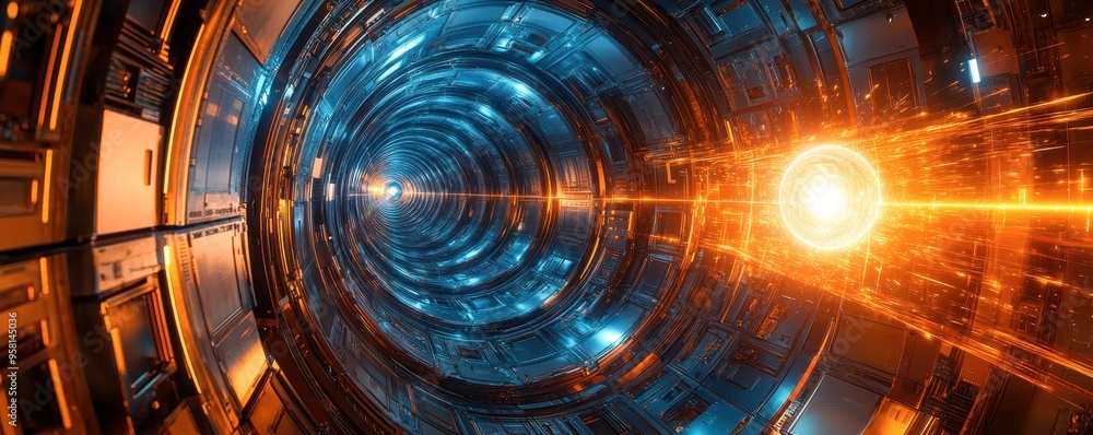 Aufkleber futuristic tunnel with glowing blue and orange lights, creating a dynamic sci-fi atmosphere and sens