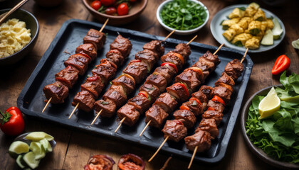 Grilled skewers of marinated beef served alongside fresh vegetables and herbs on a wooden table during a summer gathering