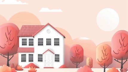 Real estate marketing background of a flat vector illustration depicting a home surrounded by trees during autumn in soft red& orange colors with space for text, images and additional content.