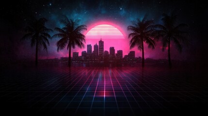 Naklejka premium Retro Wave Melbourne Skyline with Palm Trees in Late 80s Colors - Urban Landscape Design